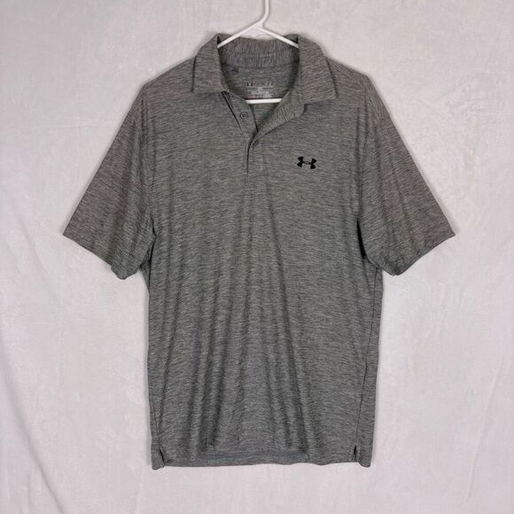 Under Armour Heathered Grey Collared Golf Polo Top Men's Size Medium Loose Fit - Picture 1 of 11
